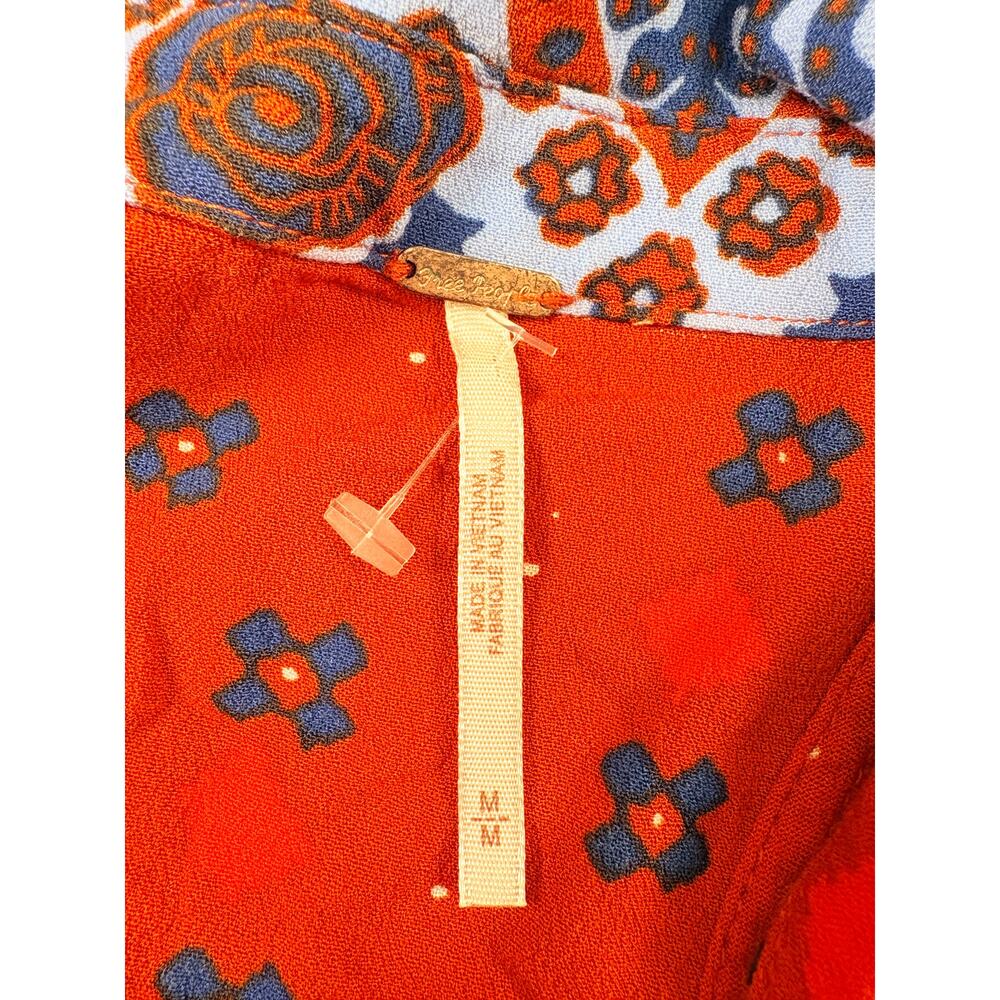 Free People Boho Tunic Dress Medium Red Paisley Printed Mini Collar Button Front - Picture 5 of 14
